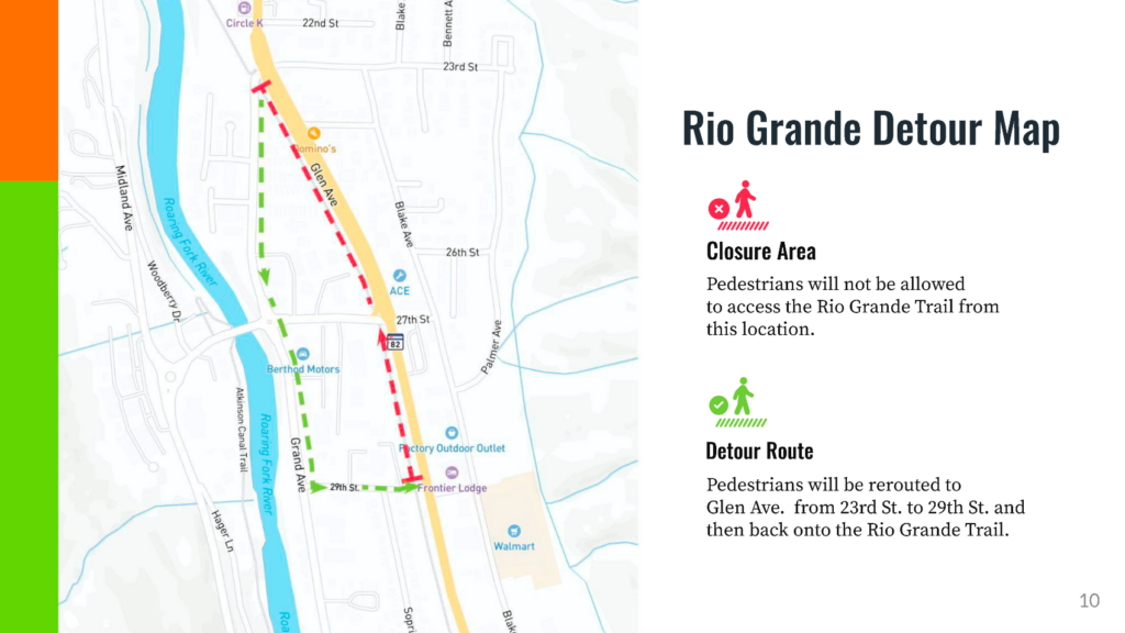 In this visual representation, the image highlights a detour on the Rio Grande Trail, clearly marking the alternate route and guiding all recreation users on the correct path. It serves as a helpful reference for those navigating the trail during detour conditions.