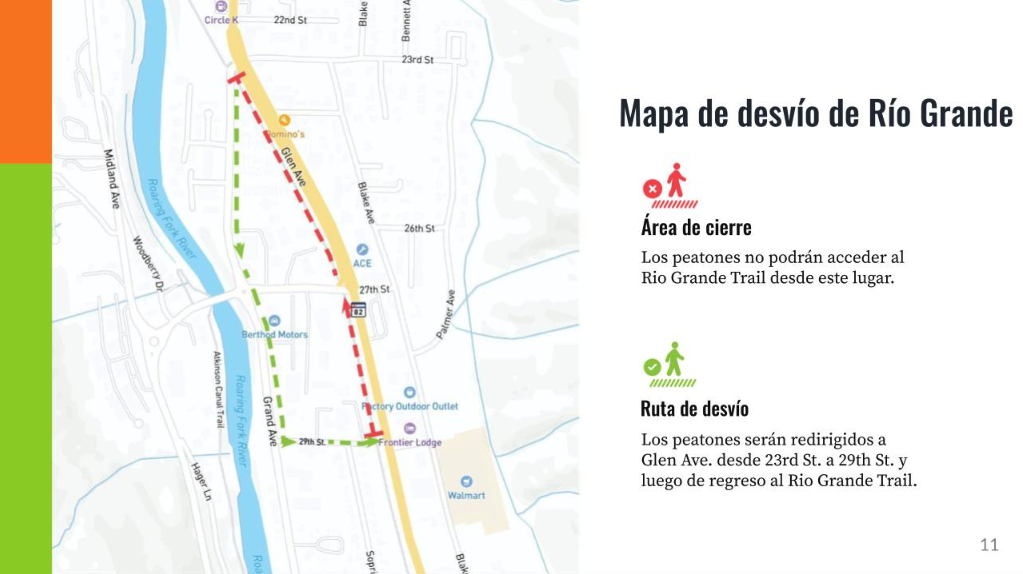 In this visual representation, the image highlights a detour on the Rio Grande Trail, clearly marking the alternate route and guiding all recreation users on the correct path. It serves as a helpful reference for those navigating the trail during detour conditions. The information is listed in Spanish.
