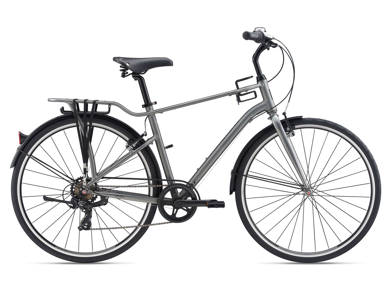 This image showcases an adult silver hybrid bike for the Glenwood Hot Springs Ride Share program. Provided by Hanging Lake Adventure Co-op and Glenwood Canyon Bikes.