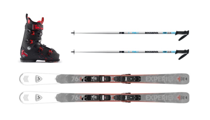 This image is of adult ski gear, including Rossignol skis, ski boot, and poles.