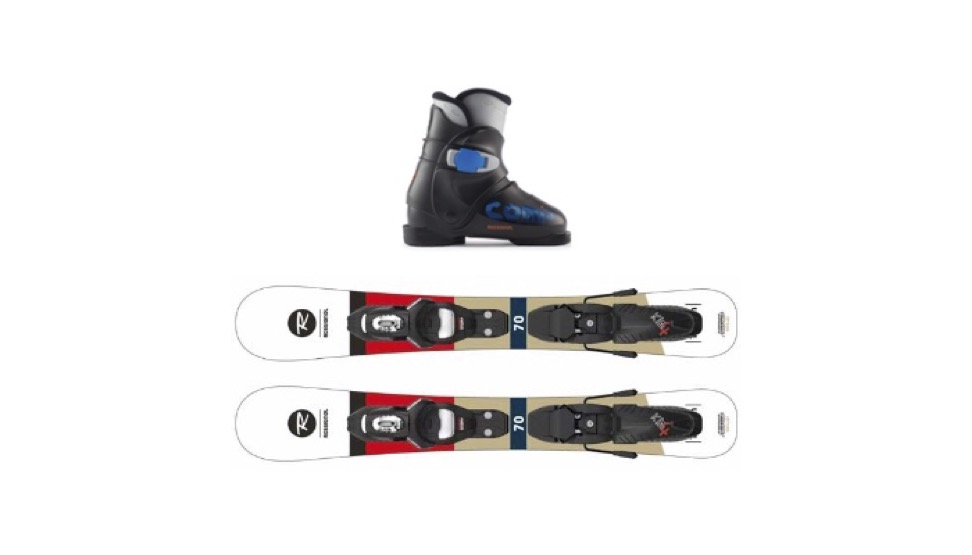 This image is of kids ski gear, including Rossignol skis and ski boot.