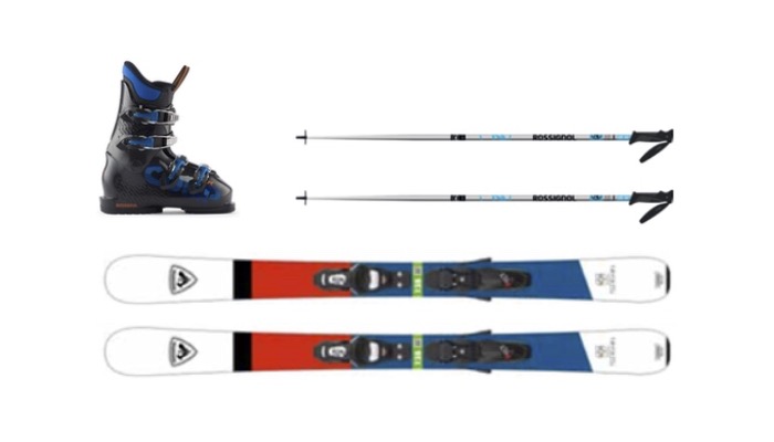 This image is of youth ski gear, including Rossignol skis, ski boot, and poles.