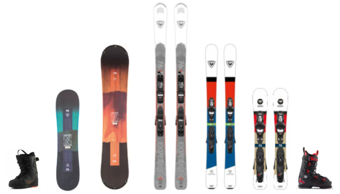 This image shows all of our ski and snowboard rental gear that we have available. It shows the ski and snowboard boots we rent and it shows our adult and youth skis and snowboards. As well as our kids skis.