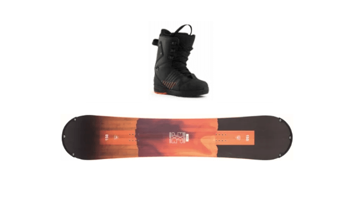 This image is of adult snowboard gear, including Rossignol snowboard and boot.