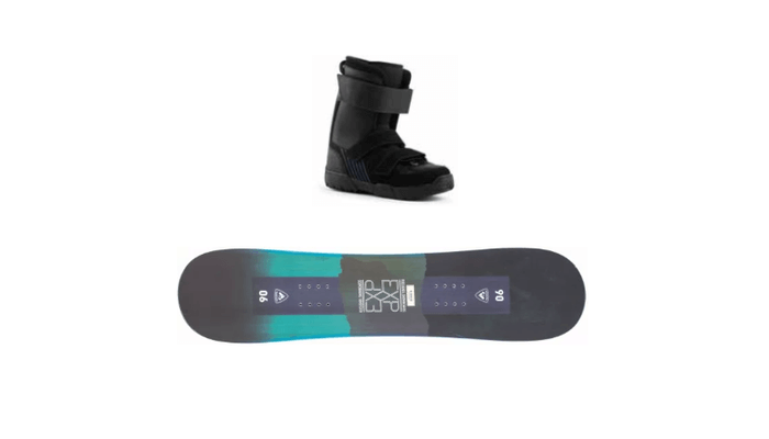 This image is of youth snowboard gear, including a Rossignol snowboard and image of a boot.