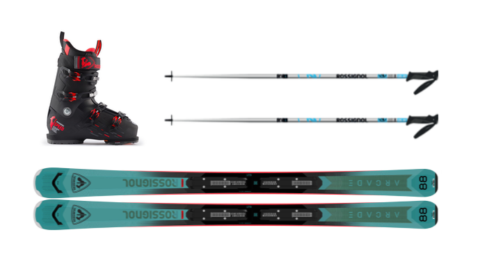 This horizontal photo is of Rossignol Arcade 88 with ski poles and boots for the performance ski package.