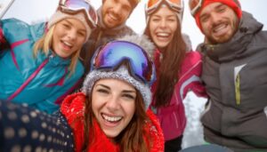 A happy group getting ready to ski after renting ski equipment from Hanging Lake Adventure Co-op.